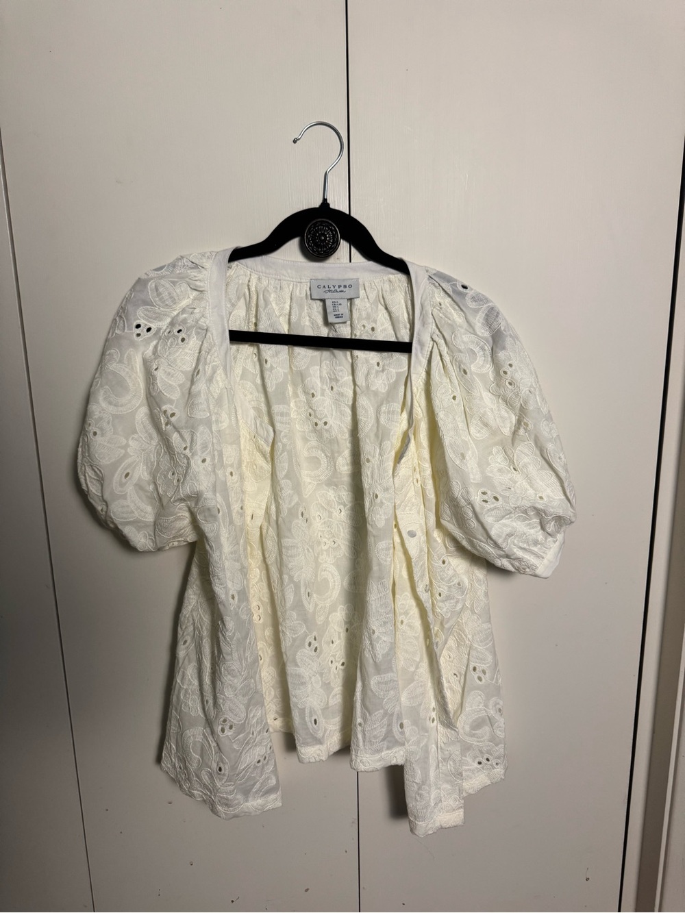 Calypso St. Barth Ivory Eyelet Puff-Sleeve Blouse